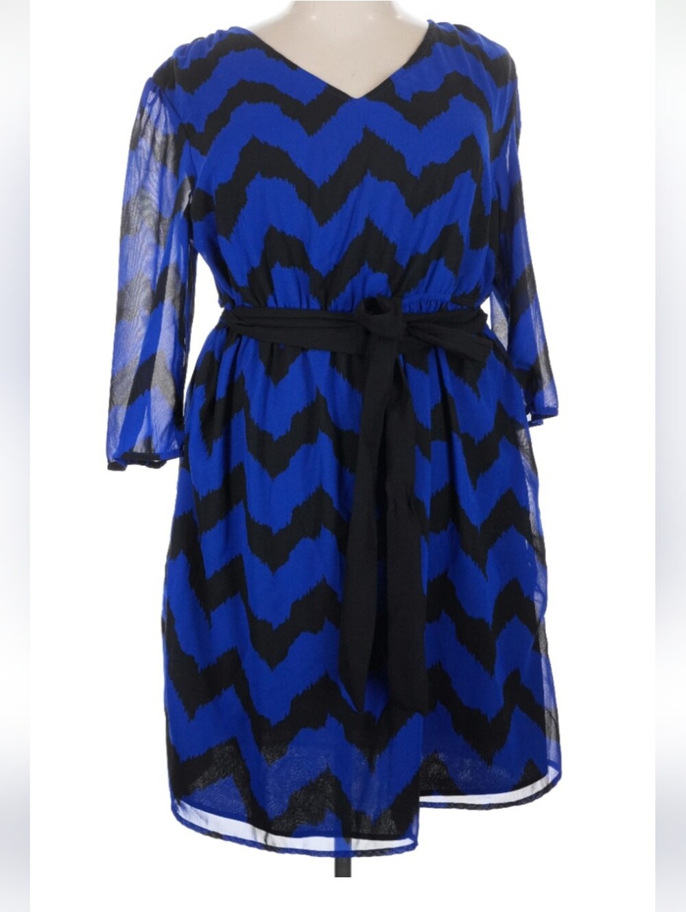 indulge Blue and Black Chevron Midi Dress with Tie Belt